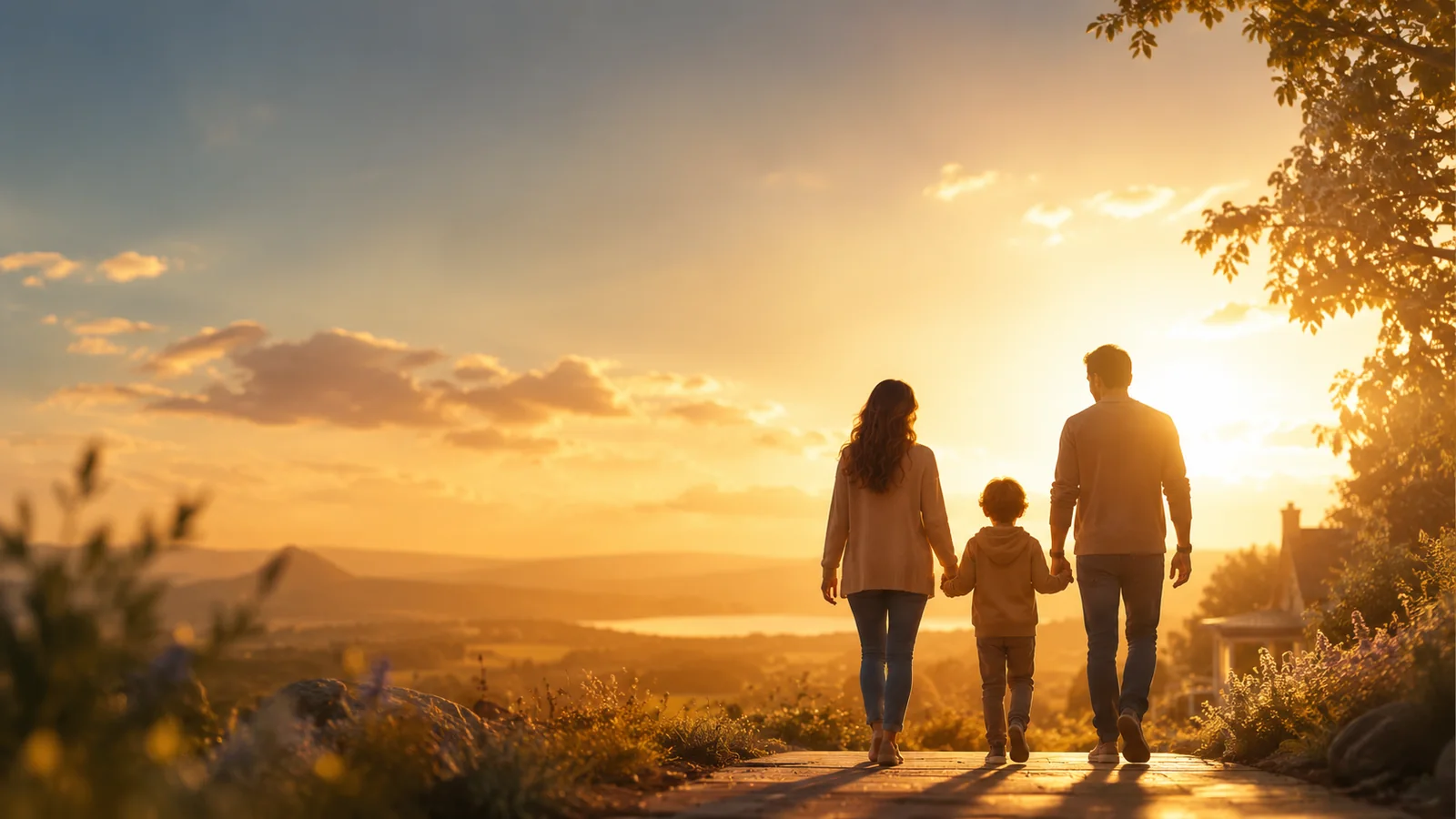 Familie im goldenen Abendlicht, gemeinsam unterwegs — entspanntes Co-Parenting mit Copario